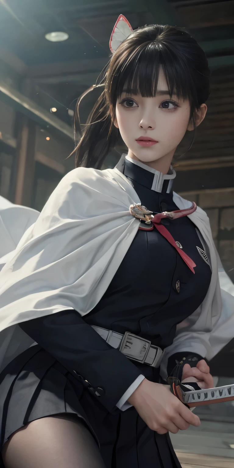 (RAW Photos, highest quality), (Realistic, Photorealistic Truth: 1.3), highest quality, Very detailed, masterpiece, Ultra-detailed, figure, One girl, kanao tsuyuri, ((Bangs Patsun,Side ponytail)),(( Demon Slayer uniform:1.4)), Butterfly Hair Ornament,( white belt), ( White Cape),, (Black jacket), (Pleated skirt), belt, (Black Skirt), knees, buckle, belt buckle, upper_body, Dynamic Angle, World Mastery Theatre, long hair flying, Fluorescent Centred, highest quality, Highly detailed CG integrated 8K wallpaper, ink, wonderful, Cinema Lighting, lens_Flare, wuxia_style,(((Straight Bangs:1.4))),(blunt bangs:1.4), Natural makeup,Combat Ready, Giant tit，Various poses,A broad perspective,