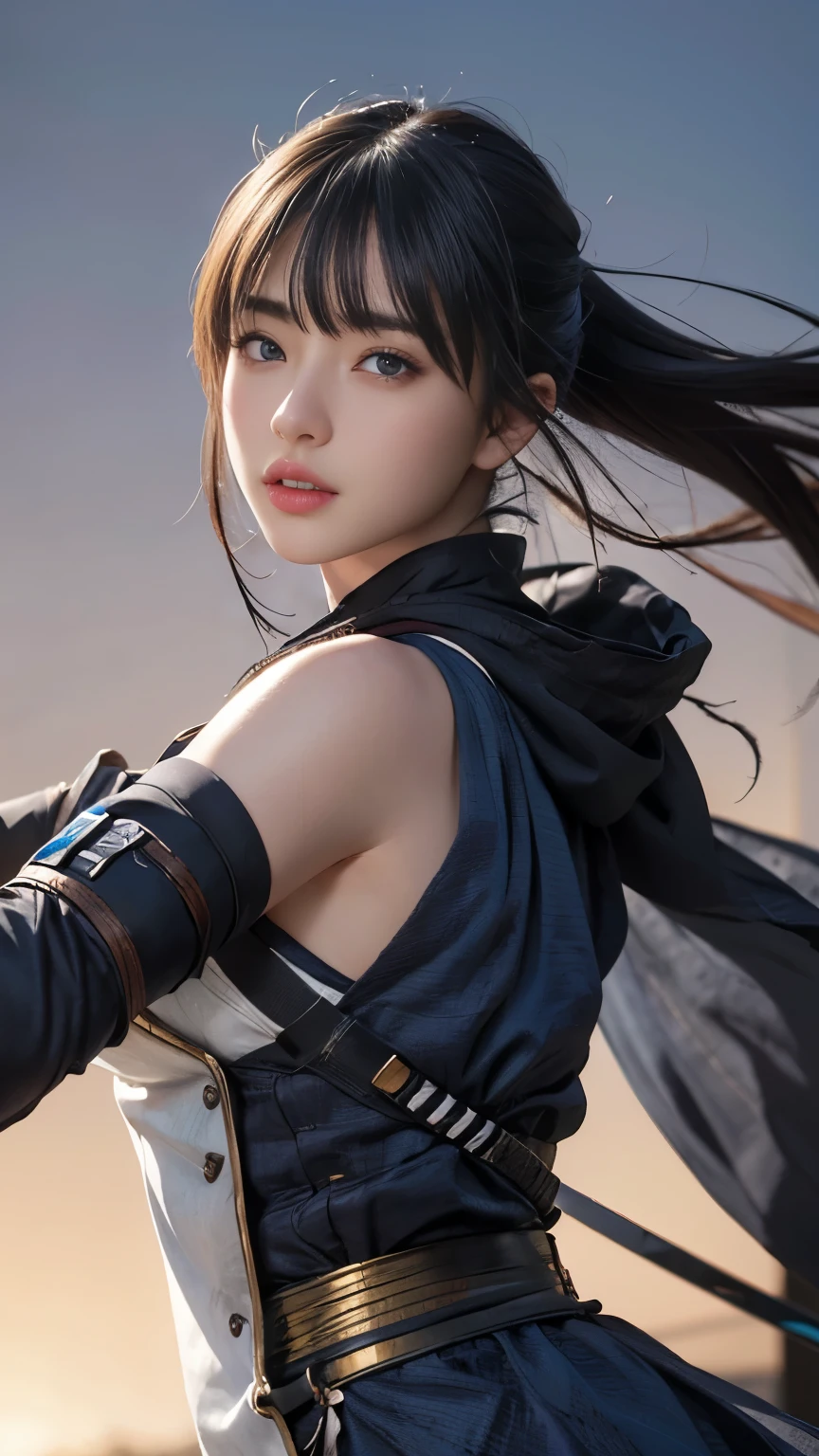 Realistic, Super detailed, High resolution, highest quality, Super detailedな,1 Female , Official Art, unity 8k wallpaper, Super detailed, beautiful and aesthetic, beautiful, masterpiece, Super busty breasts:1.5,Small waist、Glowing Skin,masterpiece, wonderful, (CG illustration),Asian,  Realistic textured face and skin、Accurate anatomy、Blue and white gradient hair, Grey Eyes, Crimson Lips, Indifference, bangs,((Ninja)), sword, White clothes, Facial details、Dynamic Pose、Dynamic Action、Dynamic Angle、Detailed Background、Degrees of Freedom:1.3
