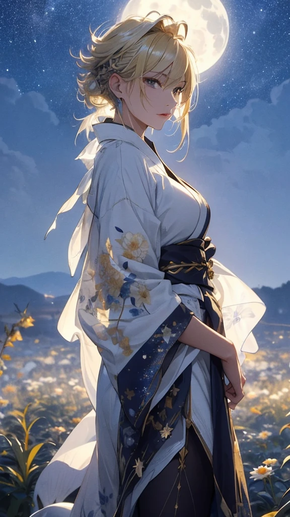 masterpiece, high quality, 4K, Beautiful design, silhouette，Blonde Mohawk，， 非常に詳細な夜のStarry Sky,Flower Field， wonderful, Finer details,  Very knowledgeable woman, Highly detailed solo, 1 female,Beautiful Eyes，tears，Big Breasts，White kimono，Night view，Starry Sky，full moon，