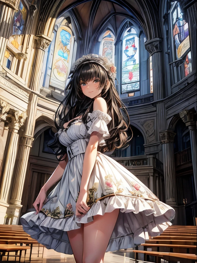 very beautiful woman,(28 years old, highly detailed beautiful face and eyes),(smile:1.2),
black hair,looking at viewer,stylish pose,beautiful legs,cowboy shot,
floral pattern white lolita dress with detailed frills,
altar,church,indoors,
(best quality,masterpiece),absurdres,highres,ultra-detailed,extremely detailed,32k,8k resolution,
intricate details,cinematic scene,detailed background,solo,dynamic angle,