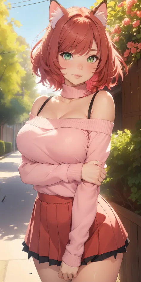 (((1 cat-girl))), ((cat ears)) solo, (((short light red hair tousled by the wind))), green eyes, pink off-shoulder sweater with ...
