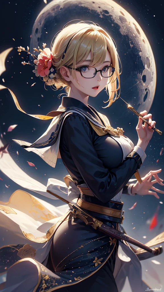 masterpiece, high quality, 4K, Beautiful design, silhouette，blonde， 非常に詳細な夜のStarry Sky,Flower Field， wonderful, Finer details,  Very knowledgeable woman, Highly detailed solo, 1 female,Big Breasts，Sailor suit，Thin glasses，Night view，Starry Sky，full moon，