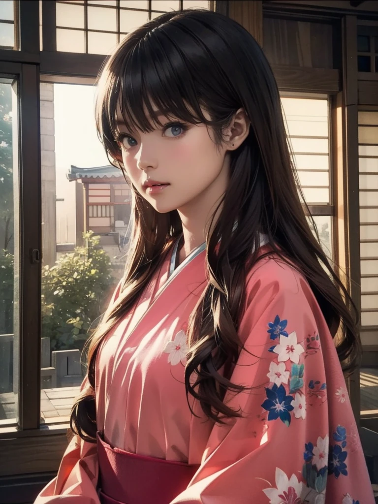 (highest quality、8k、32k、masterpiece)、(masterpiece,up to date,Exceptional:1.2), anime,One girl,Front hair,black_hair, Beautiful 8k eyes,Looking_in_Audience,One person in,Are standing,((Very beautiful woman, Fuller lips, Japanese pintern kimono))、((Colorful Japanese kimono)))、(((Medium Shot)))、Blunt bung、(High resolution)、Very beautiful face and eyes、1 girl 、Round and small face、Narrow waist、delicine body、(highest quality high detail Rich skin details)、(highest quality、8k、Oil paints:1.2)、Very detailed、(Realistic、Realistic:1.37)、Bright colors、(((blackhair)))、(((Long Hair)))、(((cowboy pictures)))、((( Inside an old Japanese house with a (short focus lens:1.4),)))、(masterpiece, highest quality, highest quality, Official Art, beautifully、aesthetic:1.2), (One girl), Very detailedな,(Fractal Art:1.3),colorful,Most detailed,Sengoku period(High resolution)、Very beautiful face and eyes、1 girl 、Round and small face、Tight waist、Delicine body、(highest quality high detail Rich skin details)、(highest quality、8k、Oil paints:1.2)、(Realistic、Realistic:1.37)、Greg Rutkowski Written by Alphonse Mucha Ropp,short ,(focus lens:1.4),uchikake,nishijin ori,(realistic light and shadow), (real and delicate background),(muted colors, dim colors, soothing tones:1.3), low saturation, (hyperdetailed:1.2), (noir:0.4),drow,blurry_light_background,lens flare, (vibrant color:1.2), cinematic lighting, ambient lighting,Single Shot,Shallow Focus,pink lip,blurry light background,ethereal background, cinematic shot, ,Retro Art-style,Shot with medium format camera,break pastel,perfect light,cartoon,anime,graffiti,guweiz style,head to thigh portrait
