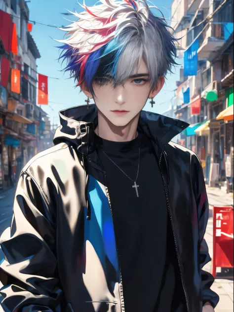 1boy,outdoors,looking at viewer,upper body,multicolored hair,full_shot,white hair,messy hair,cross_earrings,panorama,multicolore...