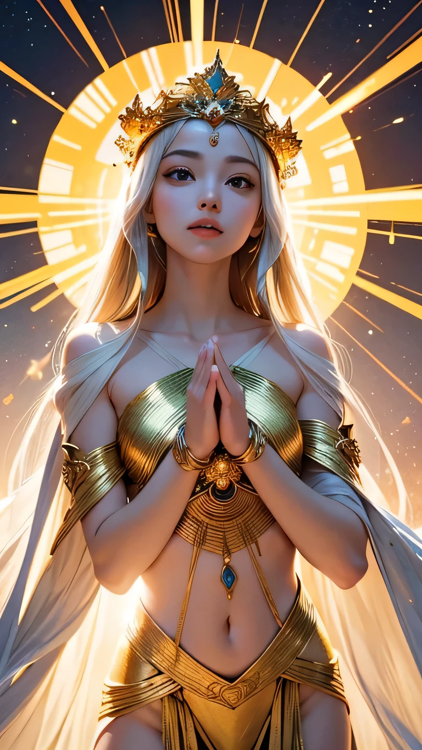 "Maiden of the Sun": Within a sacred sanctuary bathed in sunlight, depict the figure of a sun goddess, facing forward and emanating divine radiance. Zoom in to focus on her face, with light orbs gleaming in her hands, representing the life-giving power of the sun. Her hair is shimmering gold. The background should be predominantly pink, evoking a sense of divine splendor, with the addition of a blue sky to further enhance the feeling of openness and brightness. The setting is in heaven, enveloped in soft, bright light, where one can find tranquility and peace of mind, free from any trace of anxiety. Additionally, the light emanating from her hands should take the form of radiant hearts, resting gently on the palm of her hands.