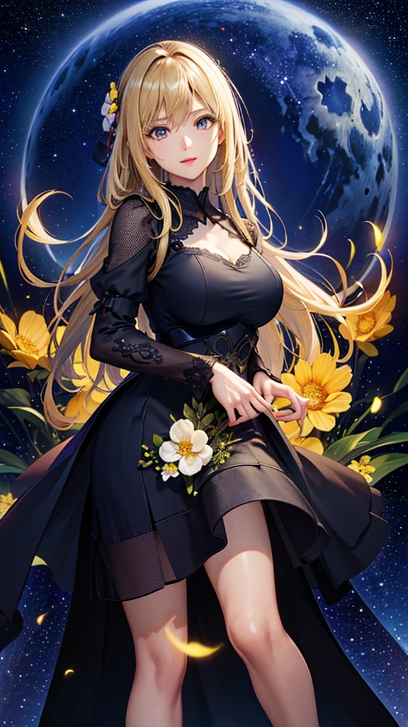 masterpiece, high quality, 4K, Beautiful design, silhouette，blonde， 非常に詳細な夜のStarry Sky,Flower Field， wonderful, Finer details,  Very knowledgeable woman, Highly detailed solo, 1 female,Big Breasts，Brightly colored dresses，Night view，Starry Sky，full moon，