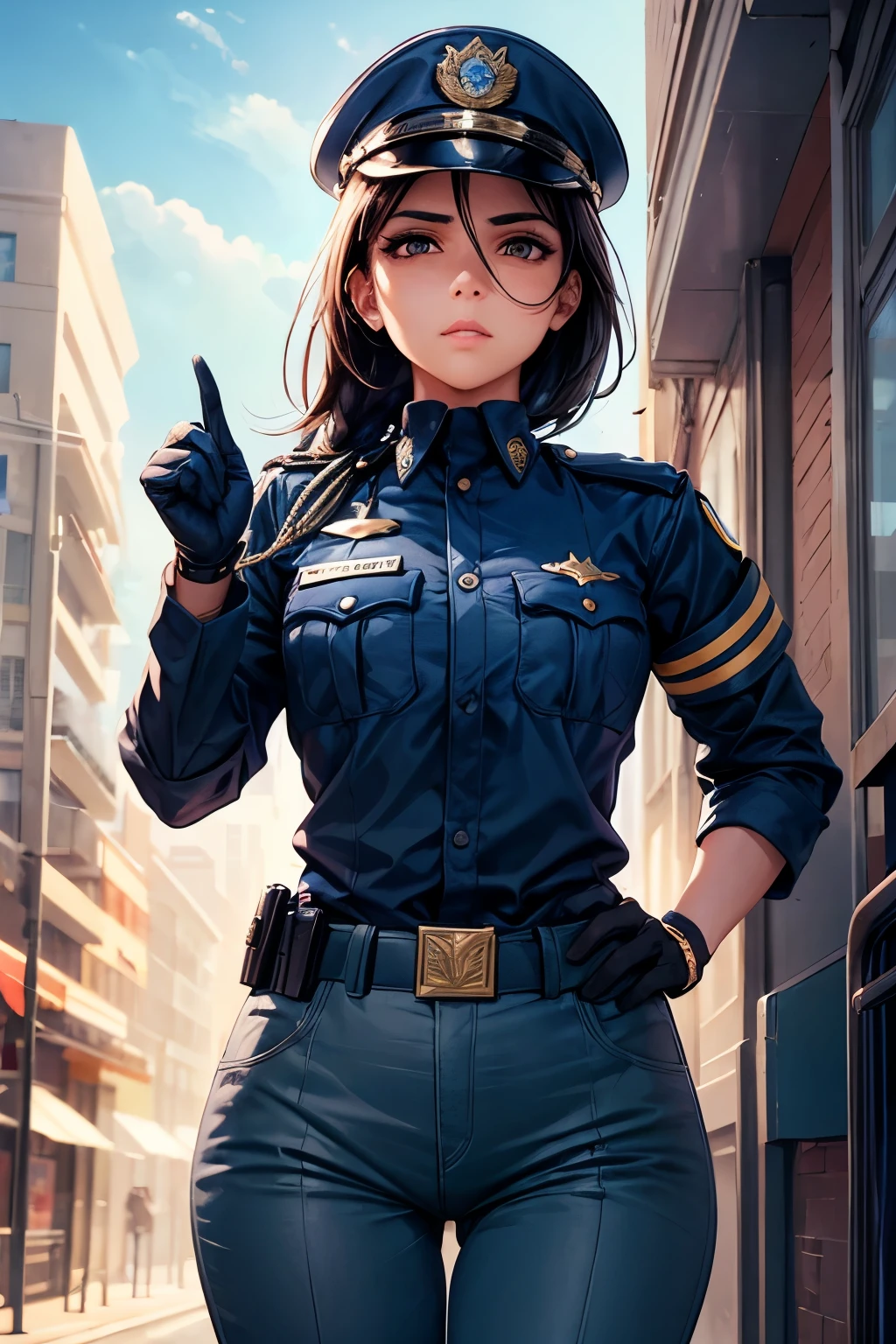 A realistic image of a beautiful Pakistani female police officer, pointing at the viewer with one hand and holding a pair of handcuffs in the other hand. The scene is from the perspective of someone who is being arrested. She has dark hair, fair skin, and wears a detailed blue police uniform with a badge and black gloves, with a strict expression. The setting is a sunlit modern urban street, The image captures smooth shading and vibrant colors, emphasizing textures like fabric and reflective surfaces. Her police car is visible in the background