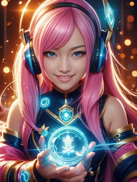 close-up：a smiling girl with headphones, 8k type germ bokeh, rossdraws global illumination, league of legends characters, stanle...