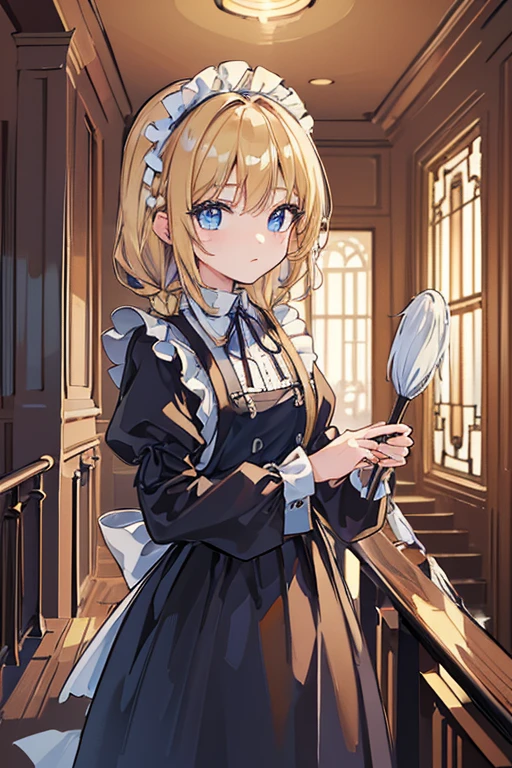 (8k, highest quality, Tabletop:1.2)、Ultra-high resolution、Cowboy Shot、14-year-old girl, Perfect Fingers, Detailed face, blue eyes, blonde, Braiding、Black maid outfit,  Western-style building、Entrance、(Staircase handrail mopping:1.2)