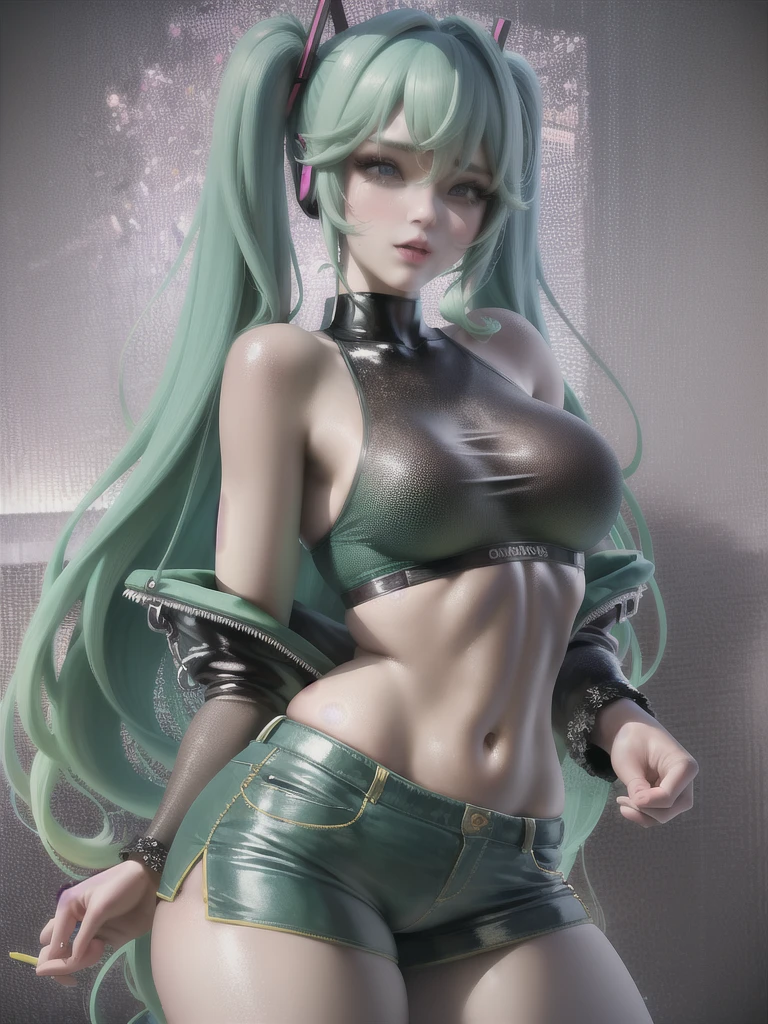 (masterpiece), (best quality), Very detailed, HDR, 1 Girl, Focus only, Skin dentition,Sports Bra，shorts，Romper， Perfect face, Facial swelling, Pretty Face, big eyes, Puffy eyes, Perfect eyes, eyelash，Hatsune Miku，Very detailed face，