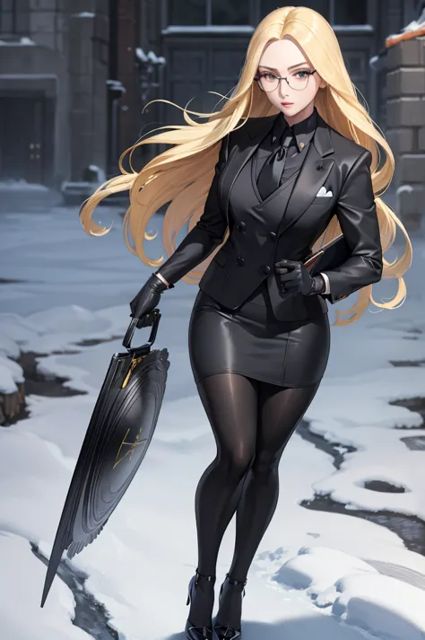 masterpiece, best quality, Blonde Hair, Kolin, Glasses, Black shiny skirt suit, (((3-piece-suit))), tie, Casual suits, suit, Ves...