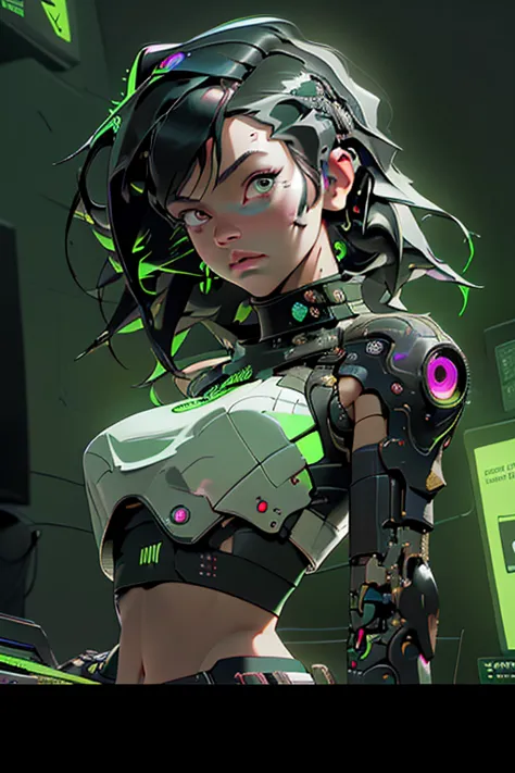 ((Best Quality)), ((Masterpiece)), (Very detailed:1.3), 3D, Cute (Cyberpunk:1.3) (sfw Female Hacker, thick hair, nsfw crop top, ...