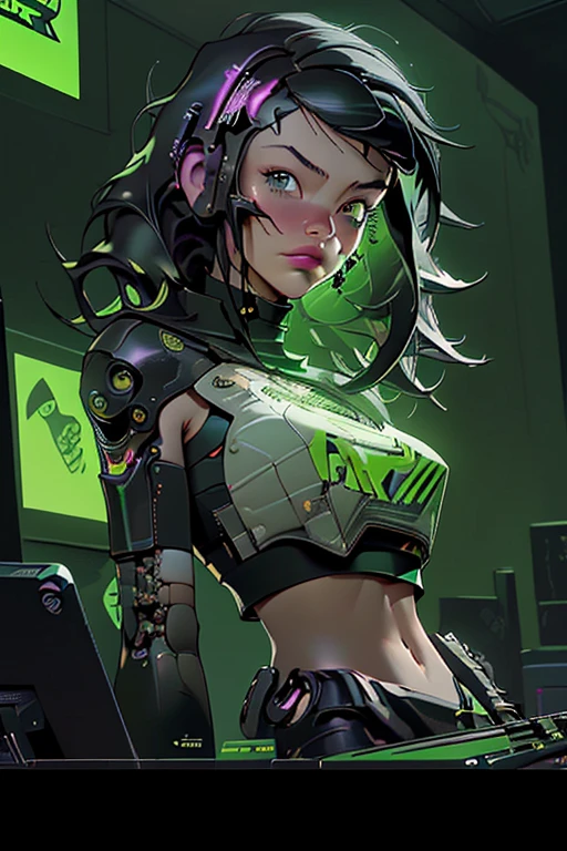 ((Best Quality)), ((Masterpiece)), (Very detailed:1.3), 3D, Cute (Cyberpunk:1.3) (sfw Female Hacker, thick hair, nsfw crop top, green skin), operating computer terminals , computer servers, LCD screens, fiber optic cables, corporate logos, HDR (High Dynamic Range), ray tracing, NVIDIA RTX, Super Resolution, Unreal 5, Subsurface scattering, PBR textures, Post-processing, anisotropic filtering, Depth of field , Maximum Sharpness and Sharpness, Multilayer textures, Specular and albedo mapping, surface shading, Precise simulation of light-material interactions, perfectly proportions, octane rendering, duotone lighting, low ISO, white-balance, rule of thirds, wide aperture, 8K RAW, high efficiency subpixels, Subpixel convolution, glow particles