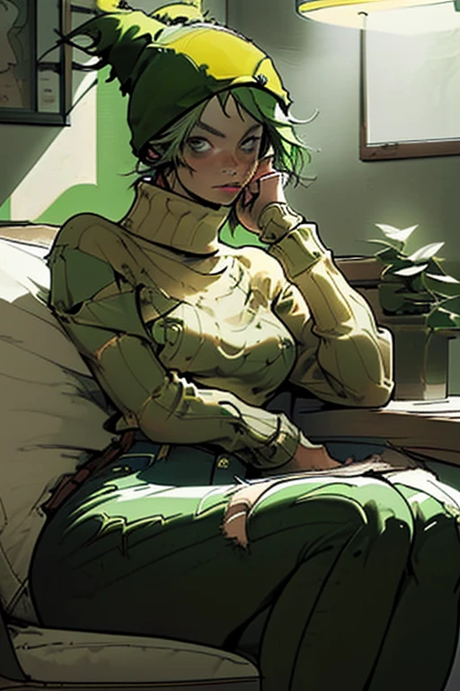 1girl(green hair, medium breasts, solo, Coffee shop, green hair, beanie, sweater, jeans, sitting on chair, dynamic pose, indoors, 