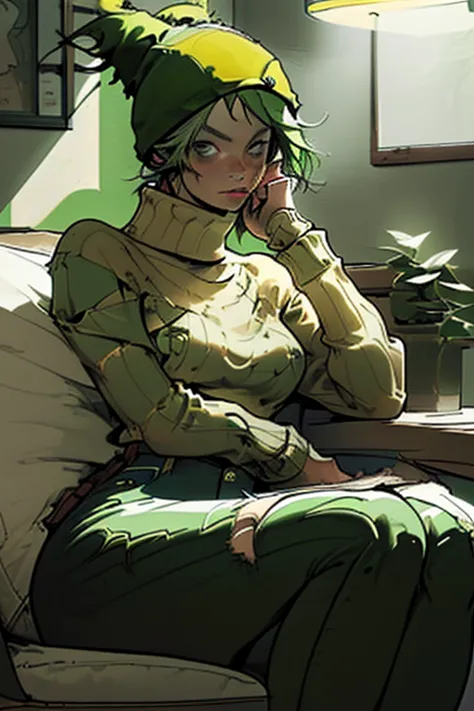 1girl(green hair, medium breasts, solo, Coffee shop, green hair, beanie, sweater, jeans, sitting on chair, dynamic pose, indoors...