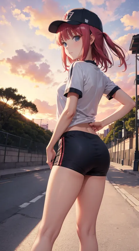 nino nakano ,manos detalladas,dedos detallados,pose sexy,ropa deportiva con gorra,parque atardecer