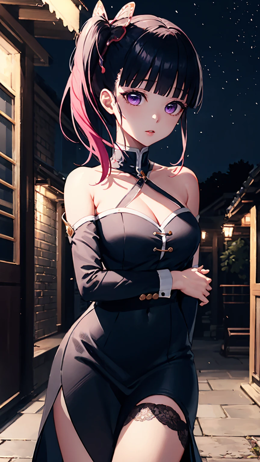 (masterpiece, 最high quality, detailed), One girl, alone, View Viewer, Kanadev, Purple eyes, Black Hair, Long Hair, blunt bangs, bangs, hair ornaments, Side Ponytail, 蝶 hair ornaments, Demon Killing Squad Clothing、Best Bust、Medium chest、Beautiful Eyes、Pink Hair, Very short hair、thin、high quality、Beautiful art、月nightの庭園、night、Exquisite design、Best lighting、最高detailed、8ｋ、Cowboy Shot、