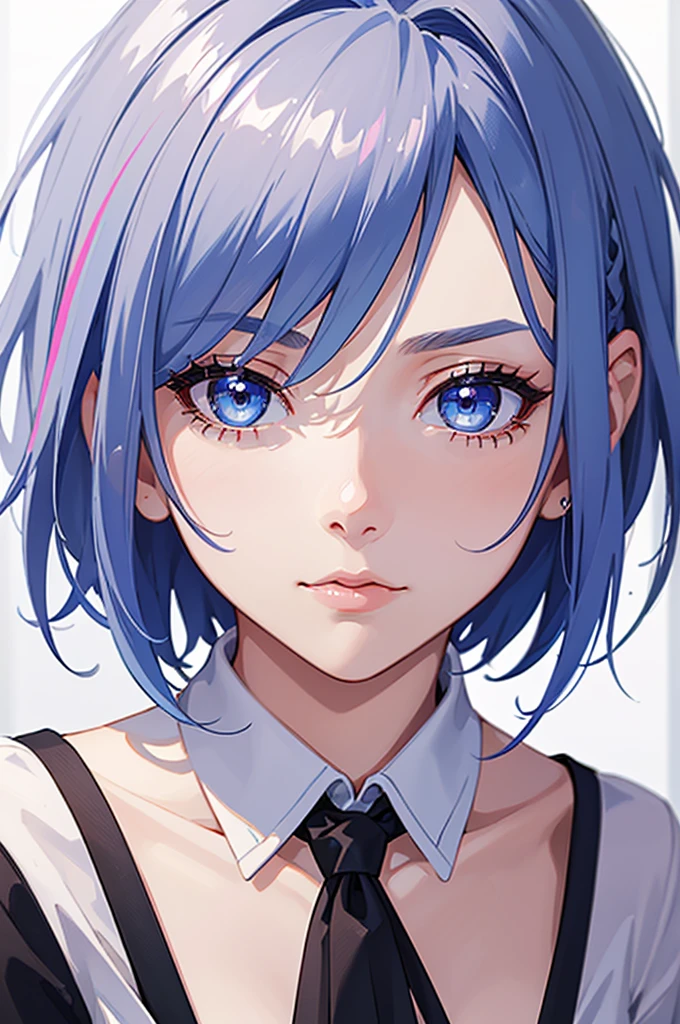 masterpiece, best quality, 1girl, blue hair with pink highlights, short hair, hime cut, blue eyes, white shirt, empty background, detailed eyes, detailed facial features, realistic and high resolution (best quality, 4k, 8k, highres, masterpiece:1.2)