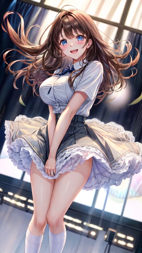 highest quality、All limbs、full finger、Slender beauty、brown hair、Dereste、、knee socks、beautiful big breasts、live stage、sing、holding a microphone, dancing、big smile、(white horizontal lace panties:1.1), (skirt lift:0.97), (shirt lift:0.96), show off panties、(show off bra:0.94), embarrassed expression、 (The wind is blowing up my skirt:1.3), dynamic angle、Naughty Wind、(erect nipples:1)
Completely naked
