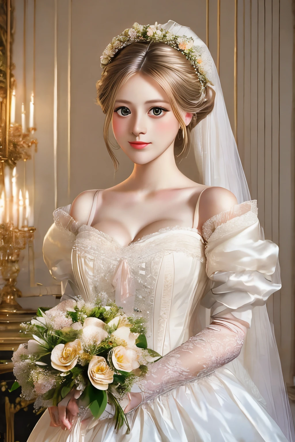 bride in a white dress holding a bouquet of flowers in a room, a photorealistic painting inspired by Franz Xaver Winterhalter, tumblr, rococo, puff sleeves, beautiful and elegant, beautiful detailed elegant, romantic gown, ribbons and flowers, exquisite and beautiful, dressed beautiful gown, very beautiful and elegant, voluminous sleeves, in romantic style, with flowers