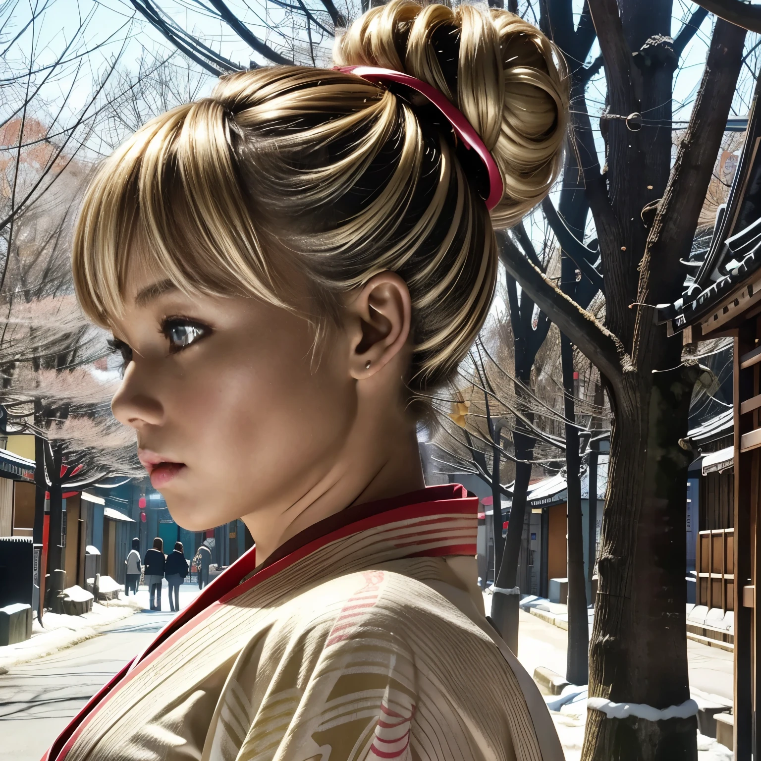 Bust Shot, Sexy tan_White girl, blonde_Hair Bun, hair ornaments,Tanning dark skin,Lustrous skin, Kimono full_Open, Kyoto_Winter Street, Trees covered with snow々, RETRO Art Style, neon_POP Art Style, Art Style