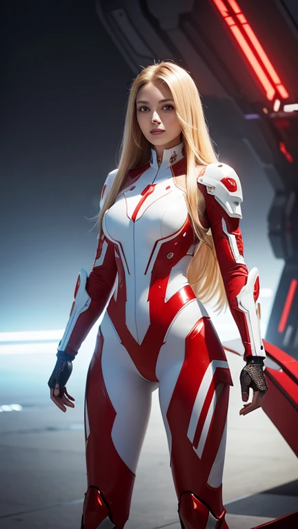 A woman stands confidently in the center of a futuristic setting, wearing a white and red form-fitting, armored bodysuit with intricate details. Her long blonde hair cascades over her shoulders, and she poses with one hand on her hip. The background features a high-tech environment with illuminated panels and mechanical structures, creating a sci-fi atmosphere.