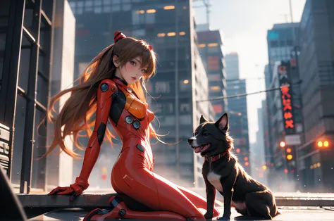 girl, machine dog, tank, cyber punk, double exposure, city settings, headset, overlooking, asuka langley soryu