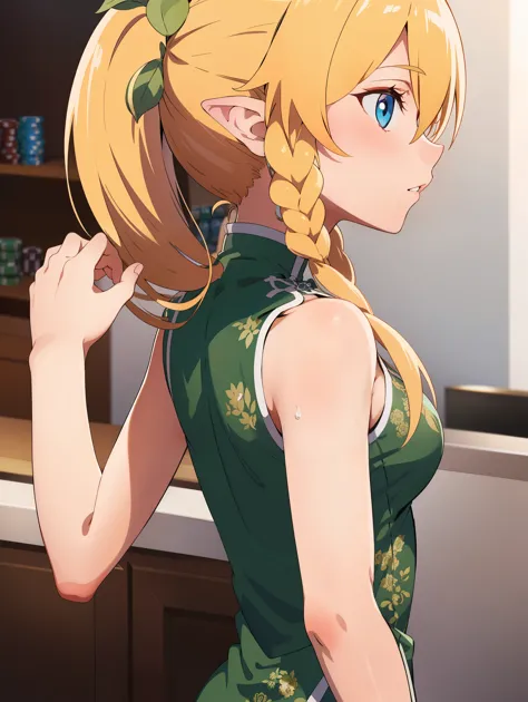 (((leafa))), blonde hair, long hair, green eyes, pointy ears,twin braids, hair between eyes,ponytail, very long hair,side braid,...