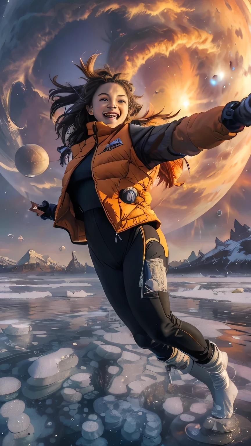 xxmixgirl,1girl, fisheye, selfie, wind, messy hair, sunset,smiling,FilmGirl, Generate a lively and enchanting scene portraying a girl with flowing hair, radiating joy in a charcoal-gray and orange spacesuit. Picture her inside a futuristic spacecraft, capturing a moment of pure enthusiasm as she takes a selfie. gray planet mercury and huge sun visible in the background. The spacecraft's interior is sleek and modern, adorned with high-tech elements and large windows that offer breathtaking view of planet mercury from space in vast expanse of space galaxy, The girl's genuine smile reflects her excitement as she embarks on a journey to Mercury, showcasing the adventurous spirit of space exploration, orange space suit. show case large burning sun in background. loose orange spacesuit. upper body, Photos of strange heavy metal planet clouds, Electron microscopy photography, Tissue engineering, Infrared spectroscopy, Statistical mechanics, Dada photo montage, Propositions of the Future, Mark Caseley, quantum level ,Light orange style，Purple pink series，Alien Hexagonal Base (very detailed nipples) In a hexagonal mountain oasis，There are several hexagonal exhaust fans and chimneys, some neon lights projecting from the base，Light up the dark night), There are some clouds in the night sky, Some surrounding planets provide air to unknown planets，The most remote giant hexagonal volcano erupts，the rainforest. The most remote giant hexagonal volcano erupts，the rainforest. (masterpiece, best quality:1.2), frozen methane bubbles in lake. lake with frozen bubbles. frozen bubbles in lake