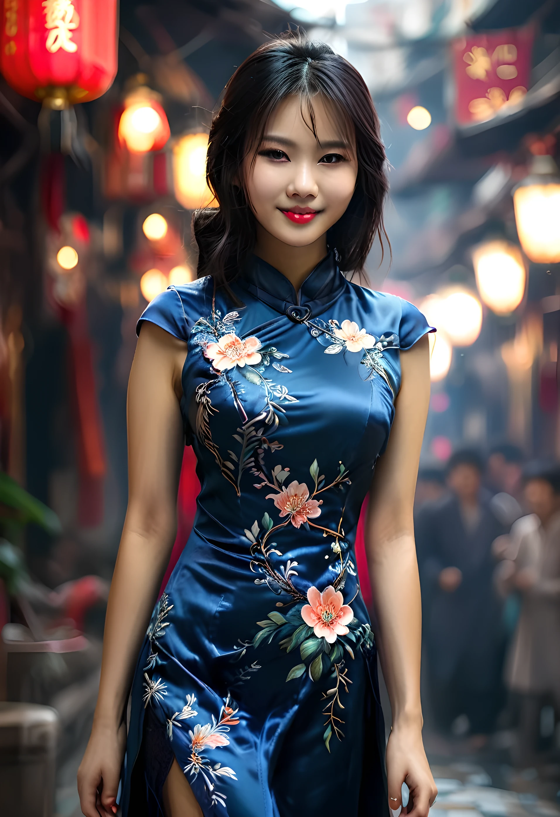 A beautiful Chinese girl，Wearing a cheongsam，Walking on the bustling streets of Nanjing，Dignified and elegant temperament，Tranquil and beautiful，Sweet smile，Show the beauty of oriental women，Soft colors，4k