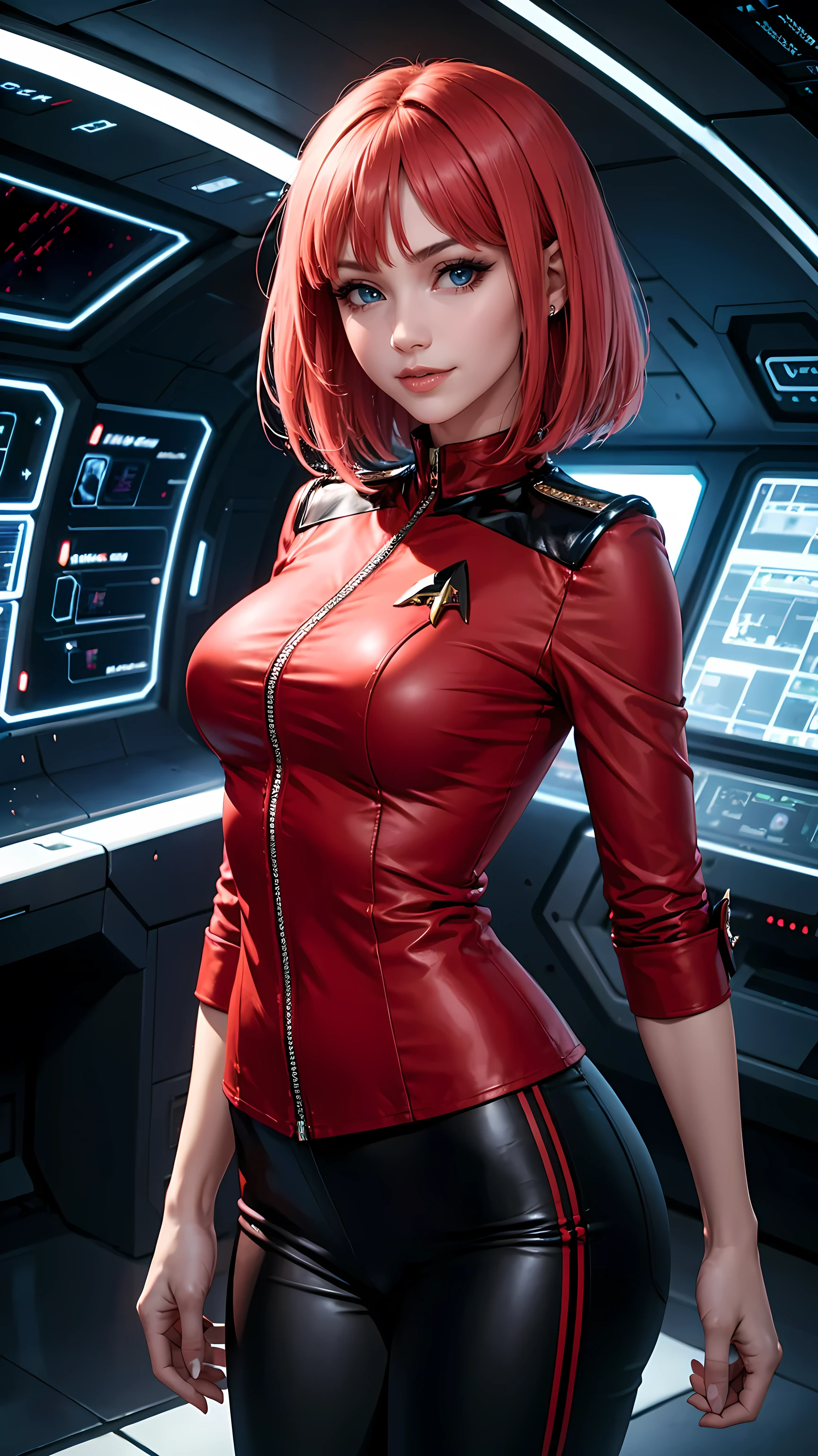 Linda mulher de cabelo curto mostra ter uma figura sexy, Ela está vestindo o uniforme clássico de Star Trek todo vermelho, Camiseta vermelha, calças pretas, joia, Ela tem olhos azuis, sorriso, provocação, olhar, Menina em pé em uma ponte de comando de uma nave estelar, posando, Retrato, Qualidade superior, muitos detalhes, realista