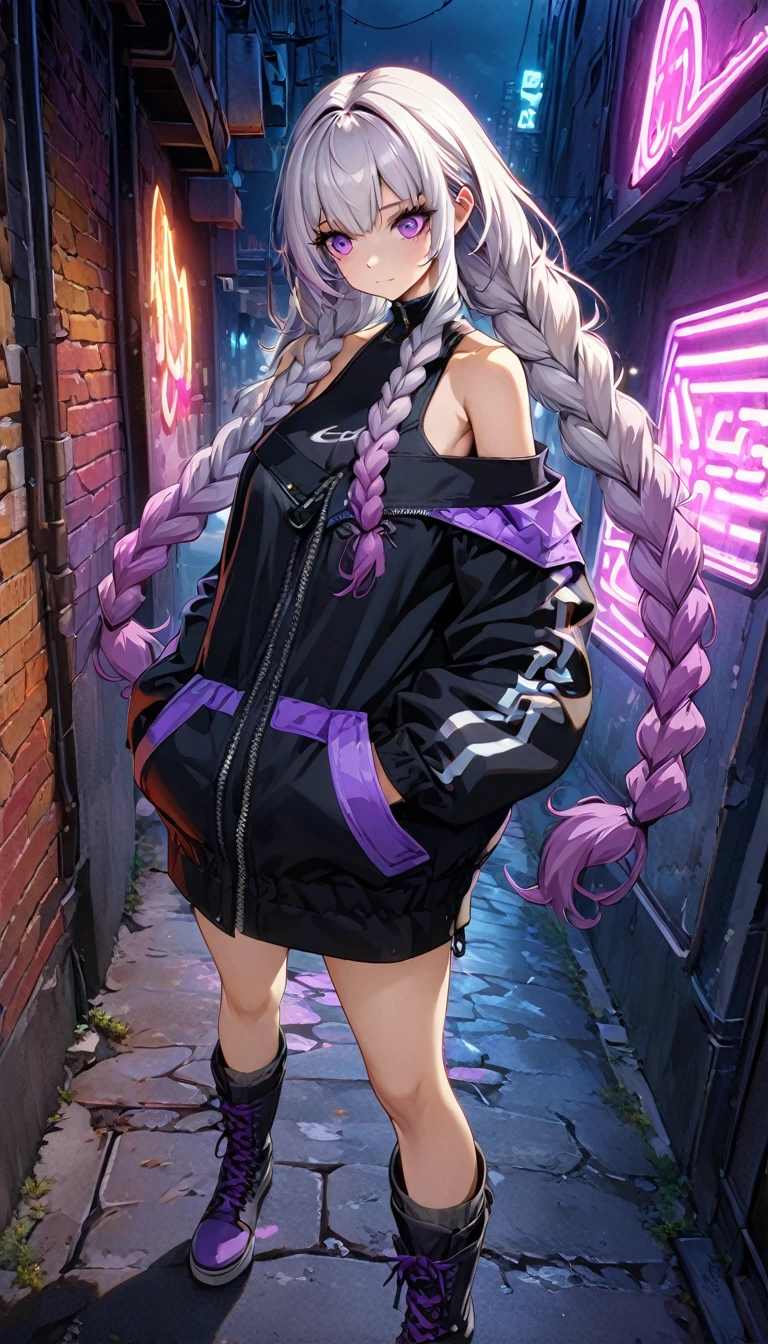(((8k wallpaper，Extremely detailed CG :1.2, masterpiece, High resolution:1.2, Top quality:1.2))), (( A girl, yinji, purple hair, purple eyes, long hair, white hair, double braids, gradient hair , Hands in pockets:1.8, Street Fashion:1.2, Wearing a colorful coat:1.2, Wear boots)), ( Off-shoulder), ((Empty alleys, night, Neon Street)), (High Angle)