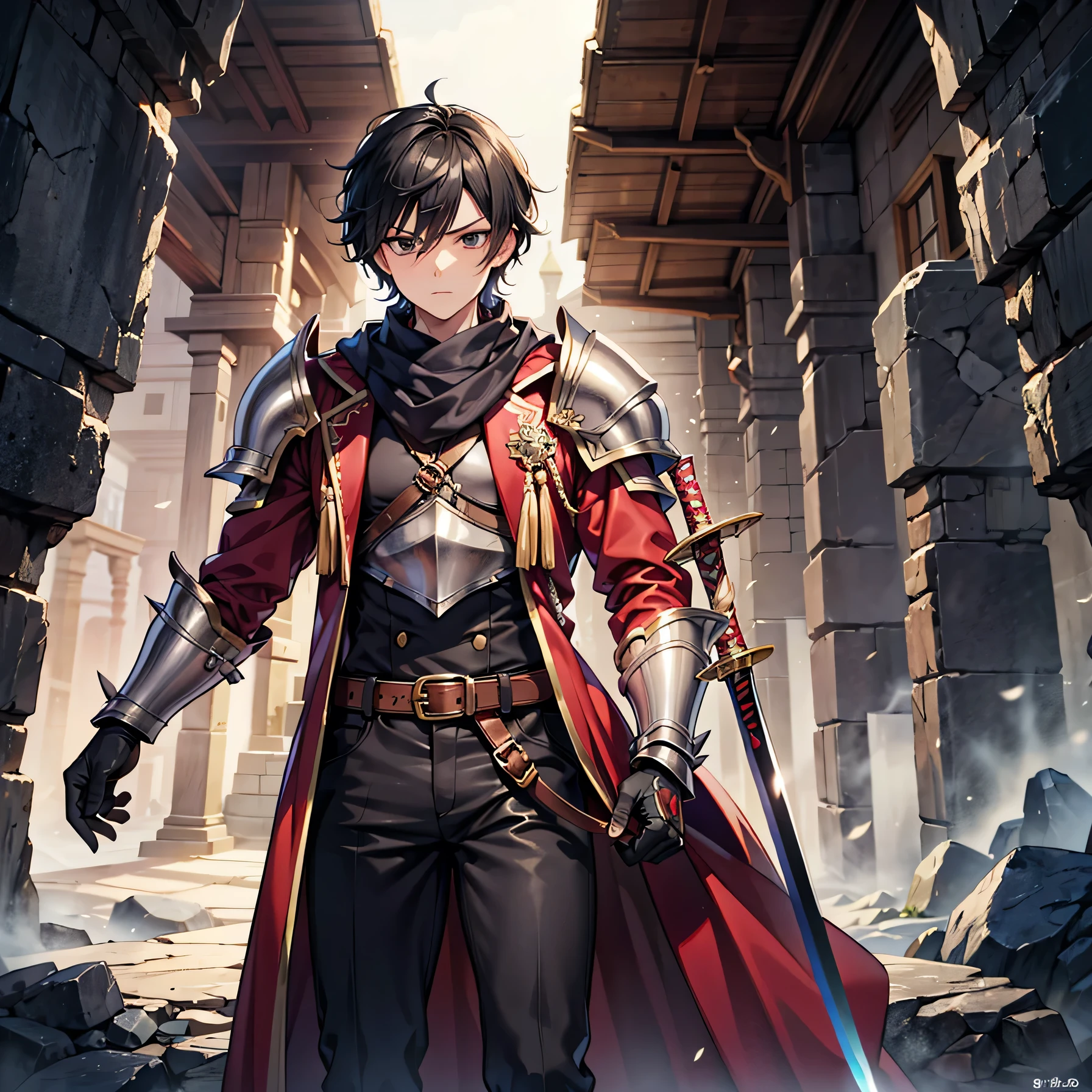 Anime art style,highest quality,High resolution,Anatomically correct,One Man,good looking,Twenty generations,Black Hair,Black Eyes,Super detailed,Fantasy worldview,Spiky Hair,Tun-tsun Hair,Brave,Slender build,Red long coat,White scarf,Silver Breastplate,Simple armor,Black trousers,cave,Serious expression,Lifted eyes,Holding a sword,8K