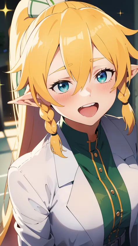 (((leafa))), blonde hair, long hair, green eyes, pointy ears,twin braids, hair between eyes,ponytail, very long hair,side braid,...