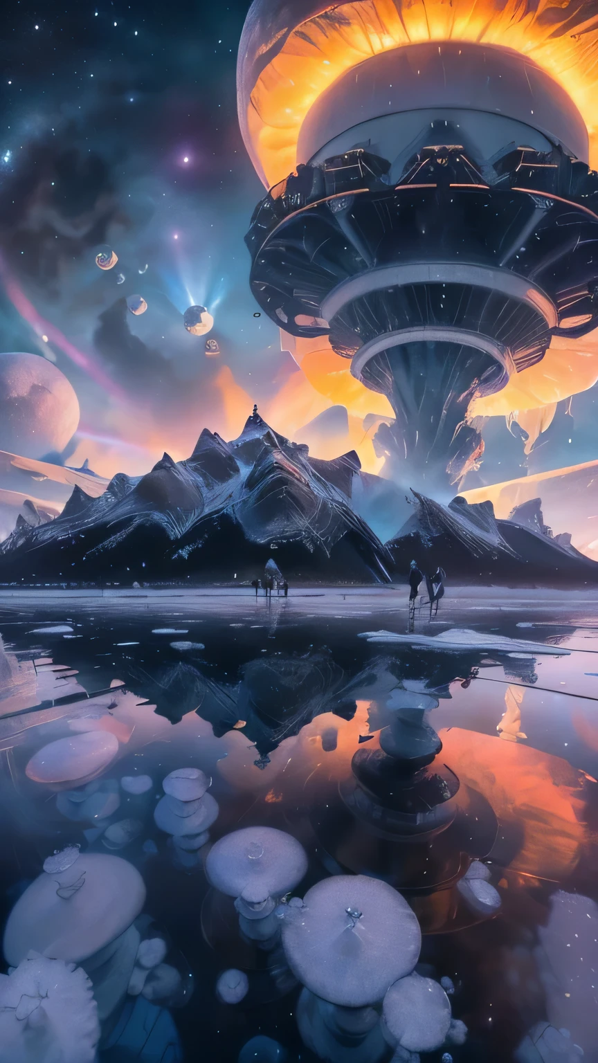 Photos de nuages ​​planétaires étranges de heavy metal, une ville faite de champignons blancs et de glace, Photographie en microscopie électronique, Création de tissus, Spectroscopie infrarouge, Mécanique statistique, Montage photo Dada, Propositions du futur, Marc Caseley, niveau quantique ,Style orange clair，Série rose violet，Base hexagonale extraterrestre (tétons très détaillés) Dans une oasis de montagne hexagonale，Il y a plusieurs ventilateurs d&#39;extraction et cheminées hexagonaux, quelques néons projetant depuis la base，Illumine la nuit noire), Il y a quelques nuages dans le ciel nocturne, Certaines planètes environnantes fournissent de l&#39;air à des planètes inconnues，Le volcan hexagonal géant le plus éloigné entre en éruption，la forêt tropicale. Le volcan hexagonal géant le plus éloigné entre en éruption，la forêt tropicale. (chef-d&#39;œuvre, Meilleure qualité:1.2), bulles de méthane gelées dans le lac. lac avec des bulles gelées. bulles gelées dans le lac. Un chemin de mycélium ral serpentant à travers une forêt bioluminescente, champignons et lichens éclairant le chemin, menant à un bosquet caché où fleurissent des champignons géants 