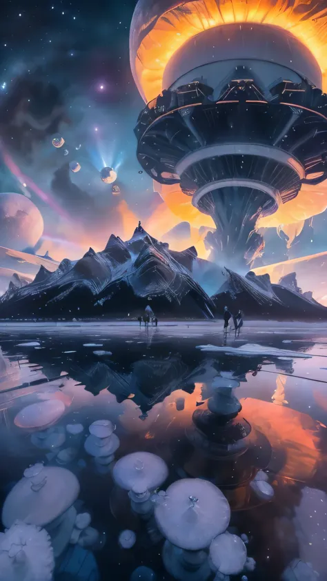 Photos of strange heavy metal planet clouds, city made of white mushrooms and ice, Electron microscopy photography, Tissue engin...