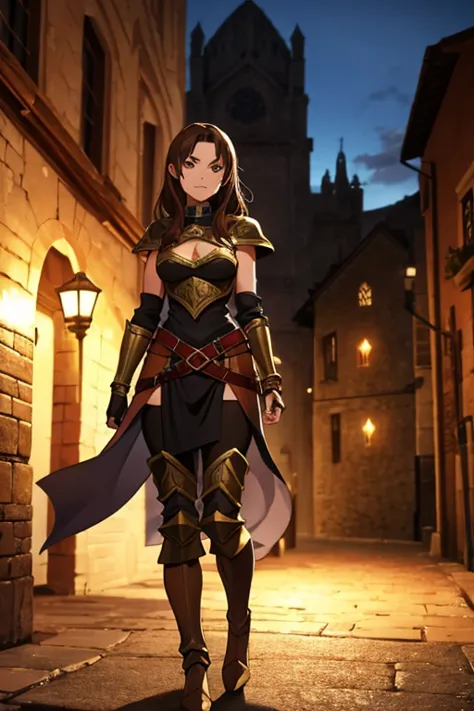 medieval fantasy setting, medieval city, female human race thief, Mediterranean features, brown hair wearing black armor