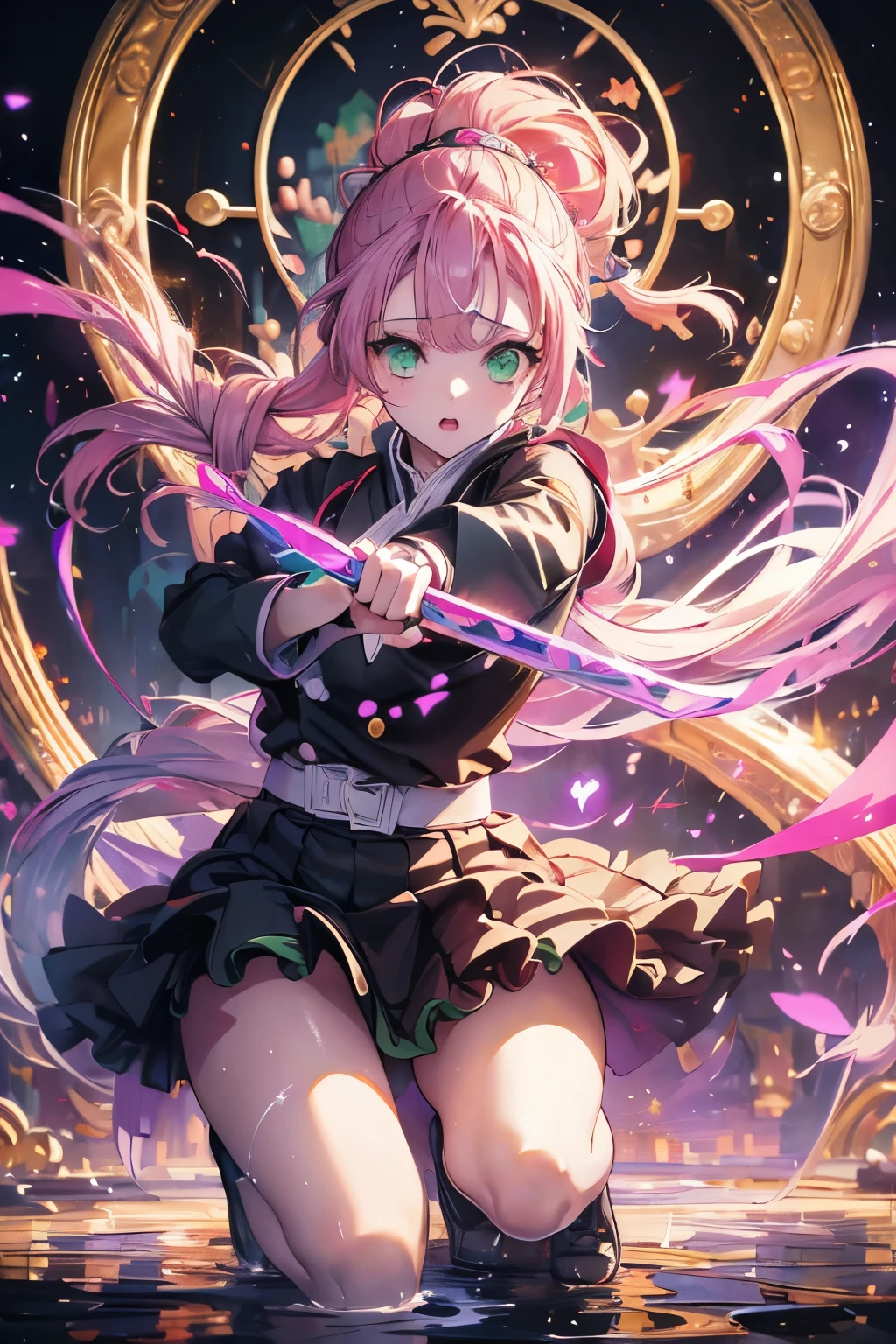 アニメ, Demon slayer, Kanroji Mitsuri, Pink hair with green tips, Bright green eyes, black clothes that show the chest, Black Skirt, wear white cloth, night, An illustration with lots of colorful neon hearts on the background, parallel, pink, Whip-like sword, (((masterpiece:1.4))), (highest quality:1.4), (Ultra-high resolution:1.4), (highest quality:1.2), (Super detailed:1.3), Realistic:1.1