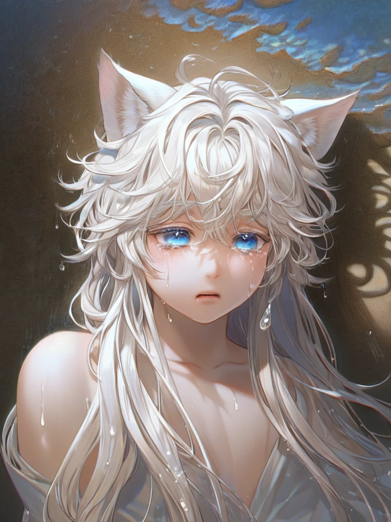 crying,aesthetic,extremely detailed,teary eyes,beautiful and delicate blue eyes,rosy cheeks,soaked lashes,emotional expression,intense sadness,dripping tears, a handsome boy,alone,has white cat ears,white long hair, messy hair,wearing white wet shirt, No bottom,hot spring, true-to-life textures,highly refined details,dramatic lighting,seamless blending of colors,vibrant hues,artistic composition,breathtaking realism,masterful craftsmanship,haunting handsome, stark contrast,luminous glow,shimmering highlights,subtle shadows,intimate close-up,precise contours,striking emotion,fluid brush movements,touching portrayal,painstaking attention to detail,aesthetically pleasing,heart-wrenching,deeply moving artistry-v6