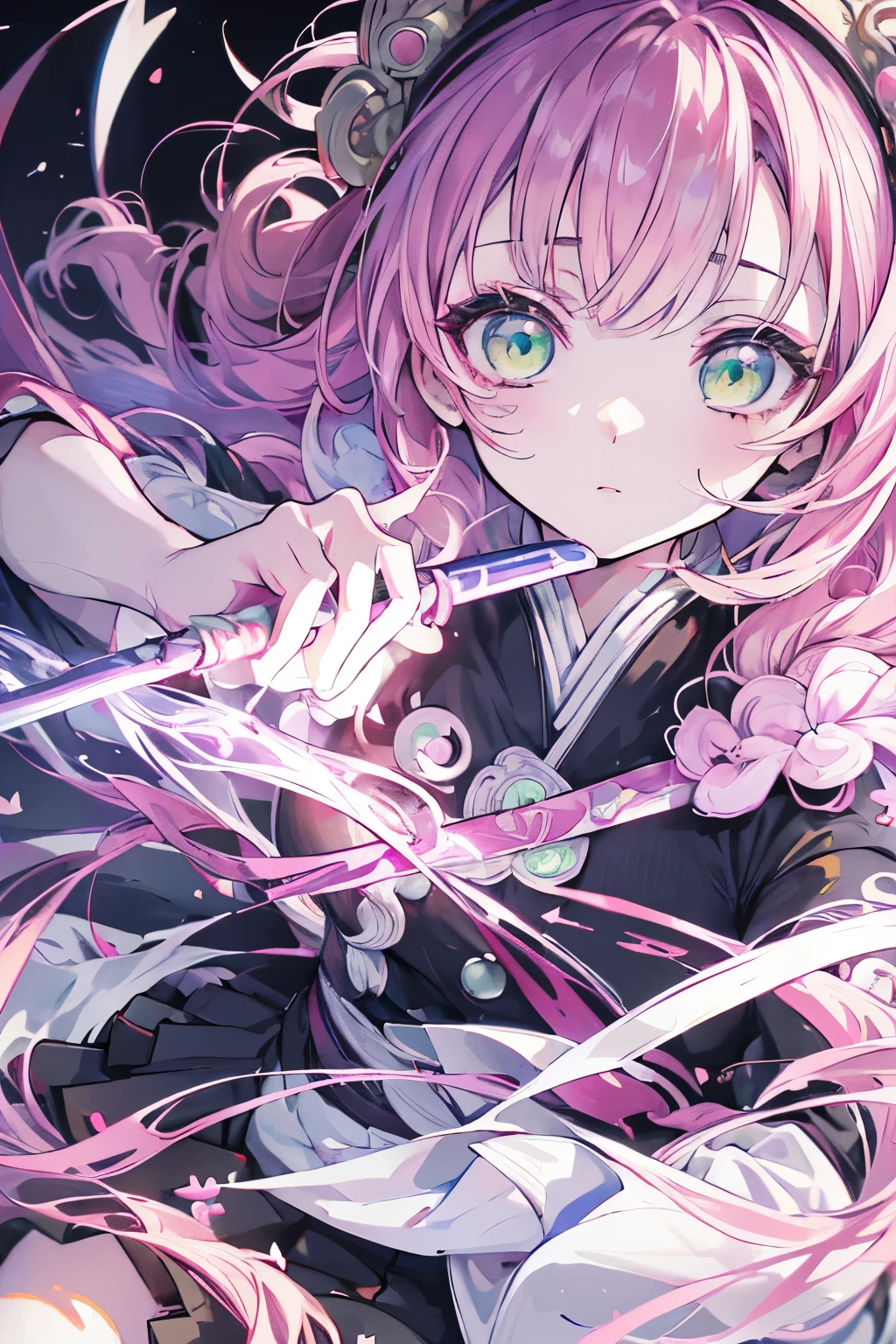 anime, Demon slayer, Kanroji Mitsuri, 先端が緑色のpinkの髪, Bright green eyes, black clothes that show the chest, Black Skirt, wear white cloth, night, An illustration with lots of colorful neon hearts on the background, pararel, pink, Whip-like sword, (((masterpiece:1.4))), (highest quality:1.4), (Ultra-high resolution:1.4), (highest quality:1.2), (Super detailed:1.3), Realistic:1.1