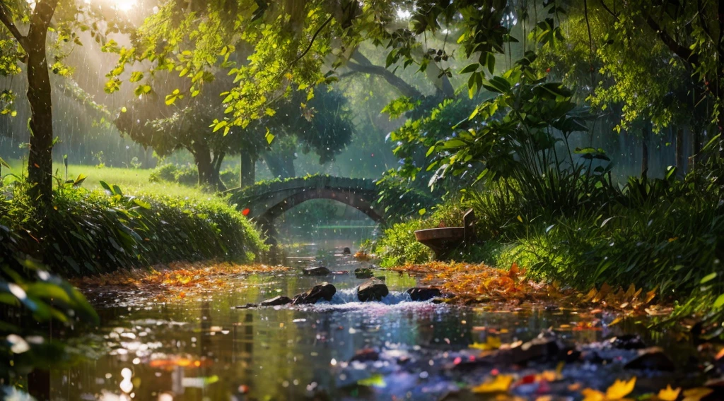 Foto von Blättern und Regentropfen, Romantischer Landschaftsstil, Canon EOS 5D Mark IV, Sonniger Impressionismus, traditionell vietnamesisch, glitzernde Wasserreflexionen, Hochwertige Fotos,