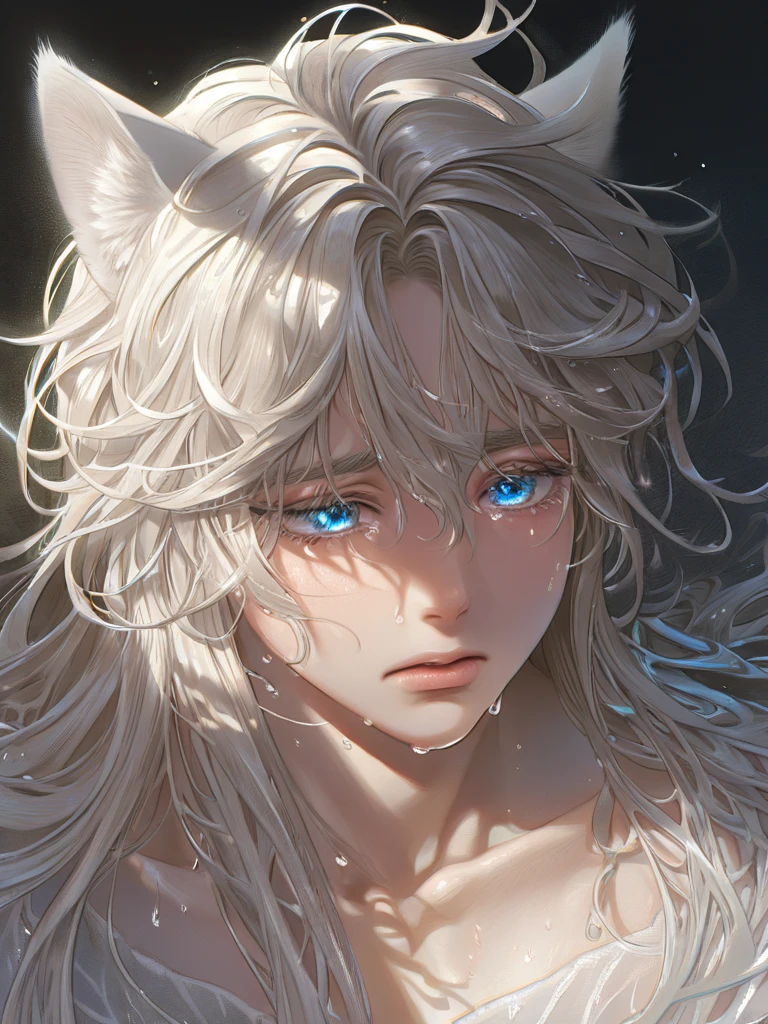 crying,aesthetic,extremely detailed,teary eyes,beautiful and delicate blue eyes,rosy cheeks,soaked lashes,emotional expression,intense sadness,dripping tears, a handsome man,alone,has white cat ears,white long hair, messy hair,wearing white wet shirt, hot spring, thermals, true-to-life textures,highly refined details,dramatic lighting,seamless blending of colors,vibrant hues,artistic composition,breathtaking realism,masterful craftsmanship,haunting handsome, stark contrast,luminous glow,shimmering highlights,subtle shadows,intimate close-up,precise contours,striking emotion,fluid brush movements,touching portrayal,painstaking attention to detail,aesthetically pleasing,heart-wrenching,deeply moving artistry-v6