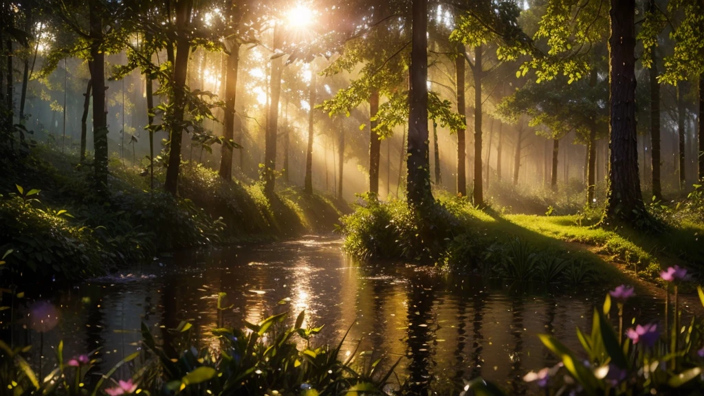 森と雨滴の写真, ロマンチックな風景スタイル, キヤノン EOS 5D Mark IV, 明るい印象派, 夕方, 輝く水の反射, 高品質の写真,