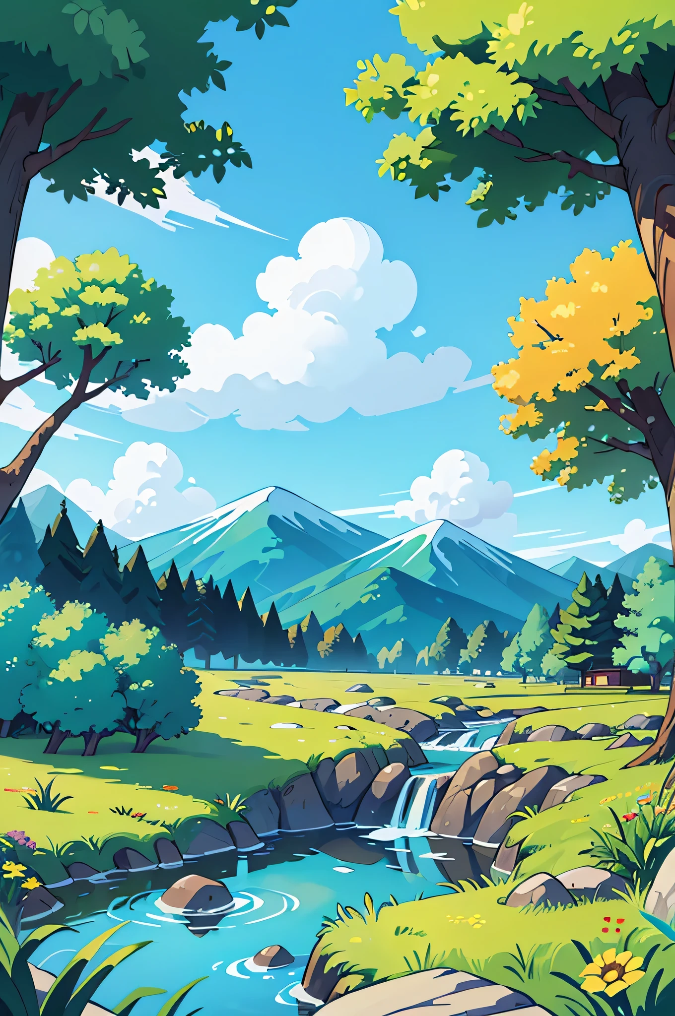 漫画を描く，背景には青空が含まれています、白い雲、木、草、太陽、山、雪山、石、クリーク、秋、小さな花，秋 is on the right side of the picture.