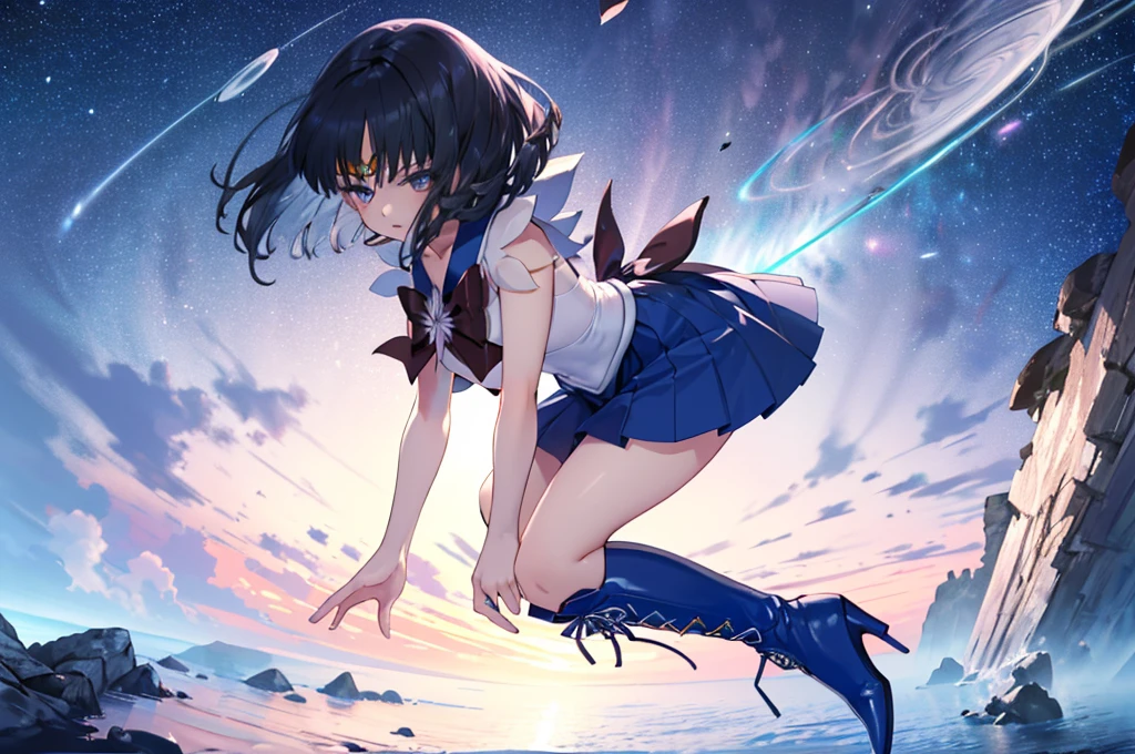 (full body),1 girl，solo，Sailor Saturn,sailor saturn，gold tiara on her forehead，Sailor Warrior Uniform,White leotard，Elbow Handbags，Braided boots，Black Hair，Bobcut，Gold tiara on forehead, Tomoe Hotaru, space, (Highest_quality:1.2), (Ultra_detailed:1.3), 8k, very_clear, Dynamic Shot，Kung Fu Pose，Highestquality, High resolution, unity 8k wallpaper, (shape:0.8), (Beautiful and fine grain:1.6), verydetailedな顔, Perfect Sentence, detailedなCG, (Perfect hands, Perfect Anatomy),Thick thighs, Squat，Spread your legs，Dynamic Angle, (From behind,Bent over, ),Looking down，From below，