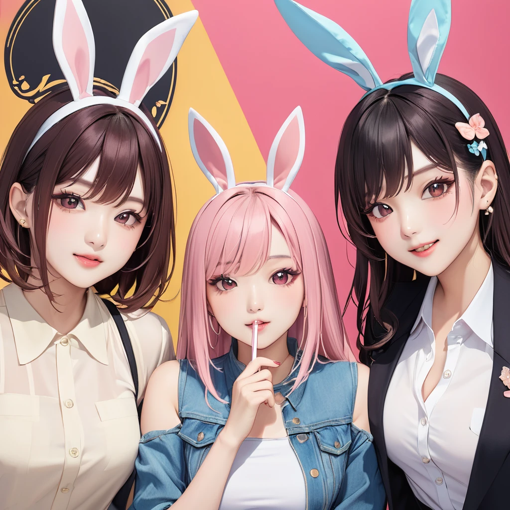 ((Trick Art, Visual illusion effect)), (masterpiece, highest quality:1.2), Three Girls, Fashion trend leaders, A girl is taking a selfie in front of a poster full of girls wearing bunny ears, (((Depicts an optical illusion image that looks like rabbit ears growing from the girls&#39; heads when viewed from a distance.)))