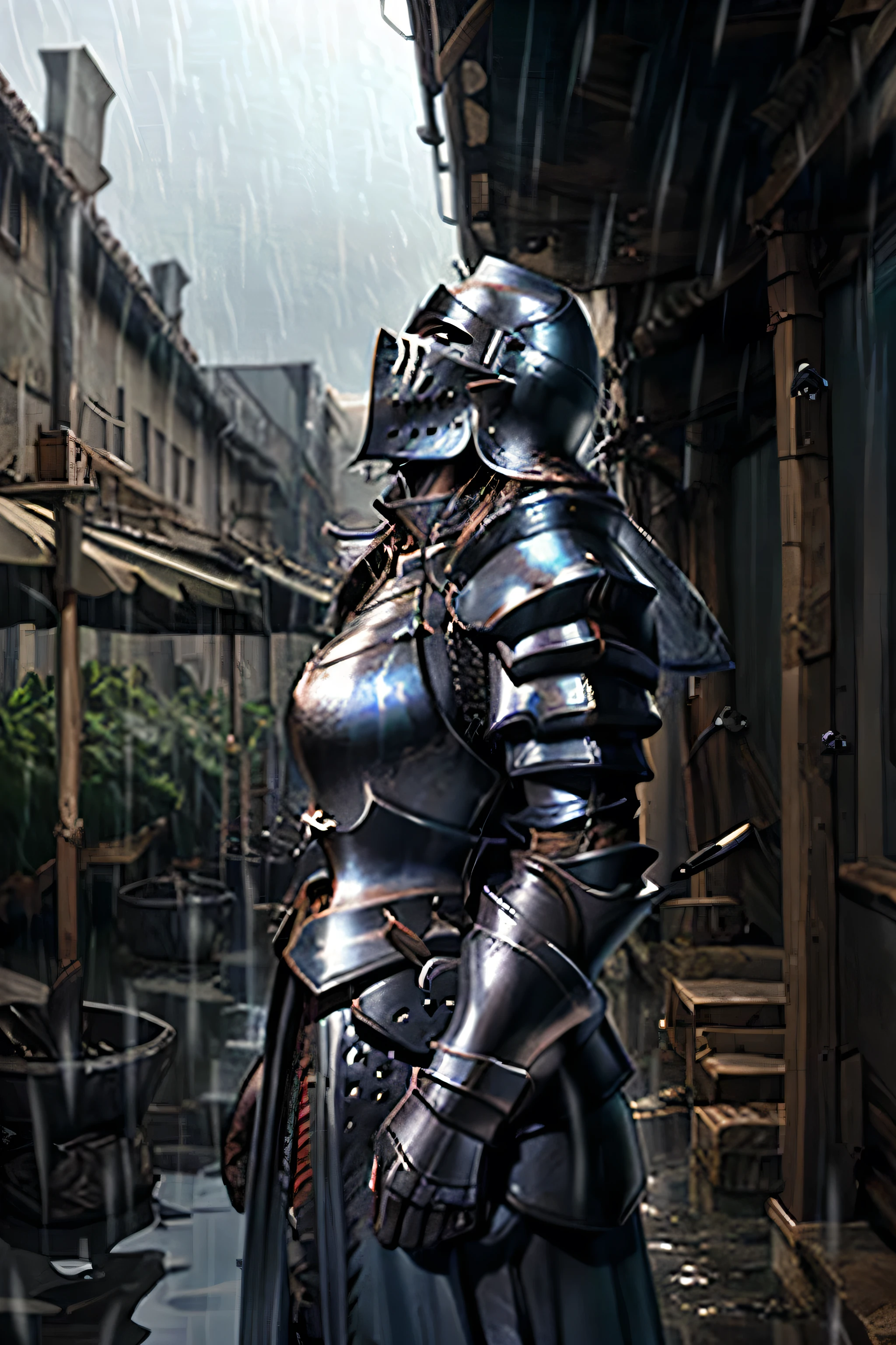 A full armored knight, looking up in the sky, raining, wet knight, rain dripping in the knights helmet, black clouds 