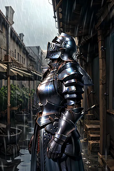 a full armored knight, looking up in the sky, raining, wet knight, rain dripping in the knights helmet, black clouds