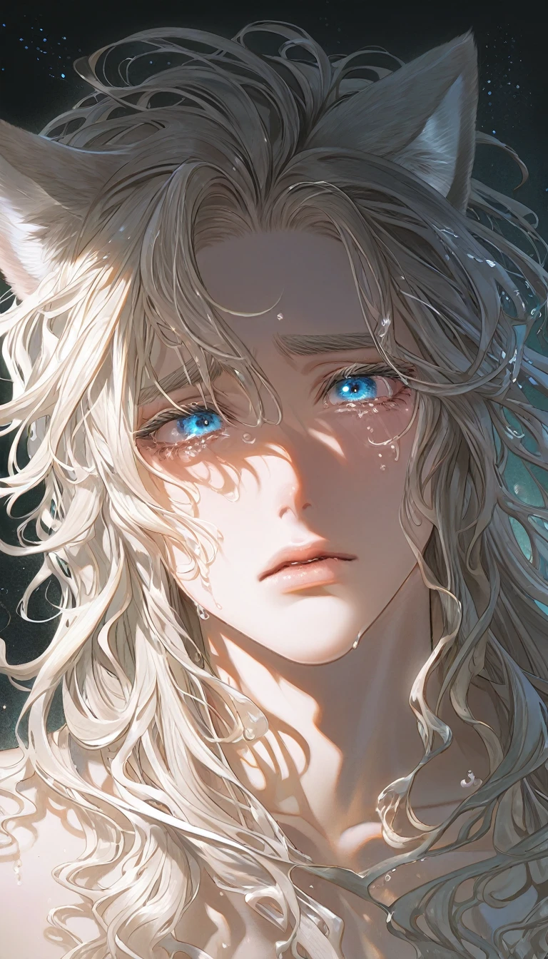 crying,aesthetic,extremely detailed,teary eyes,beautiful and delicate blue eyes,rosy cheeks,soaked lashes,emotional expression,intense sadness,dripping tears, a handsome man,alone,has white cat ears,white long hair, messy hair,wearing white wet shirt, hot spring, thermals, true-to-life textures,highly refined details,dramatic lighting,seamless blending of colors,vibrant hues,artistic composition,breathtaking realism,masterful craftsmanship,haunting handsome, stark contrast,luminous glow,shimmering highlights,subtle shadows,intimate close-up,precise contours,striking emotion,fluid brush movements,touching portrayal,painstaking attention to detail,aesthetically pleasing,heart-wrenching,deeply moving artistry-v6