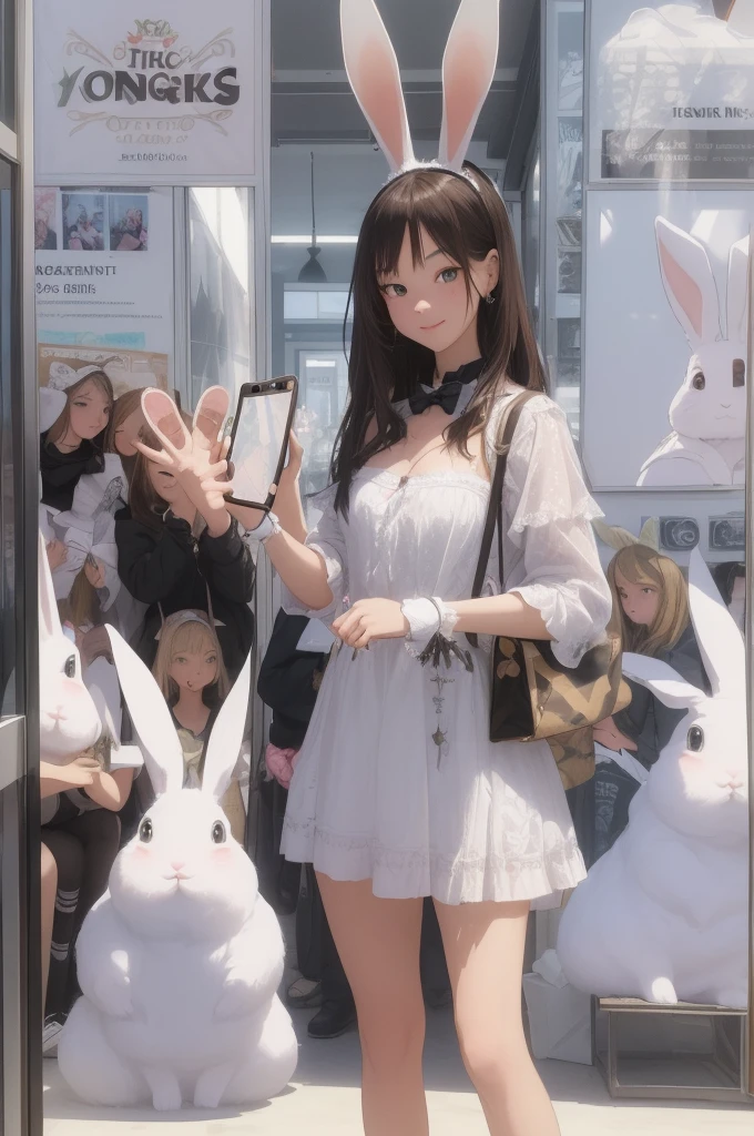 ((Trick Art, Visual illusion effect)), (masterpiece, highest quality:1.2), Three Girls, Fashion trend leaders, A girl is taking a selfie in front of a poster full of girls wearing bunny ears, (((Depicts an optical illusion image that looks like rabbit ears growing from the girls&#39; heads when viewed from a distance.)))